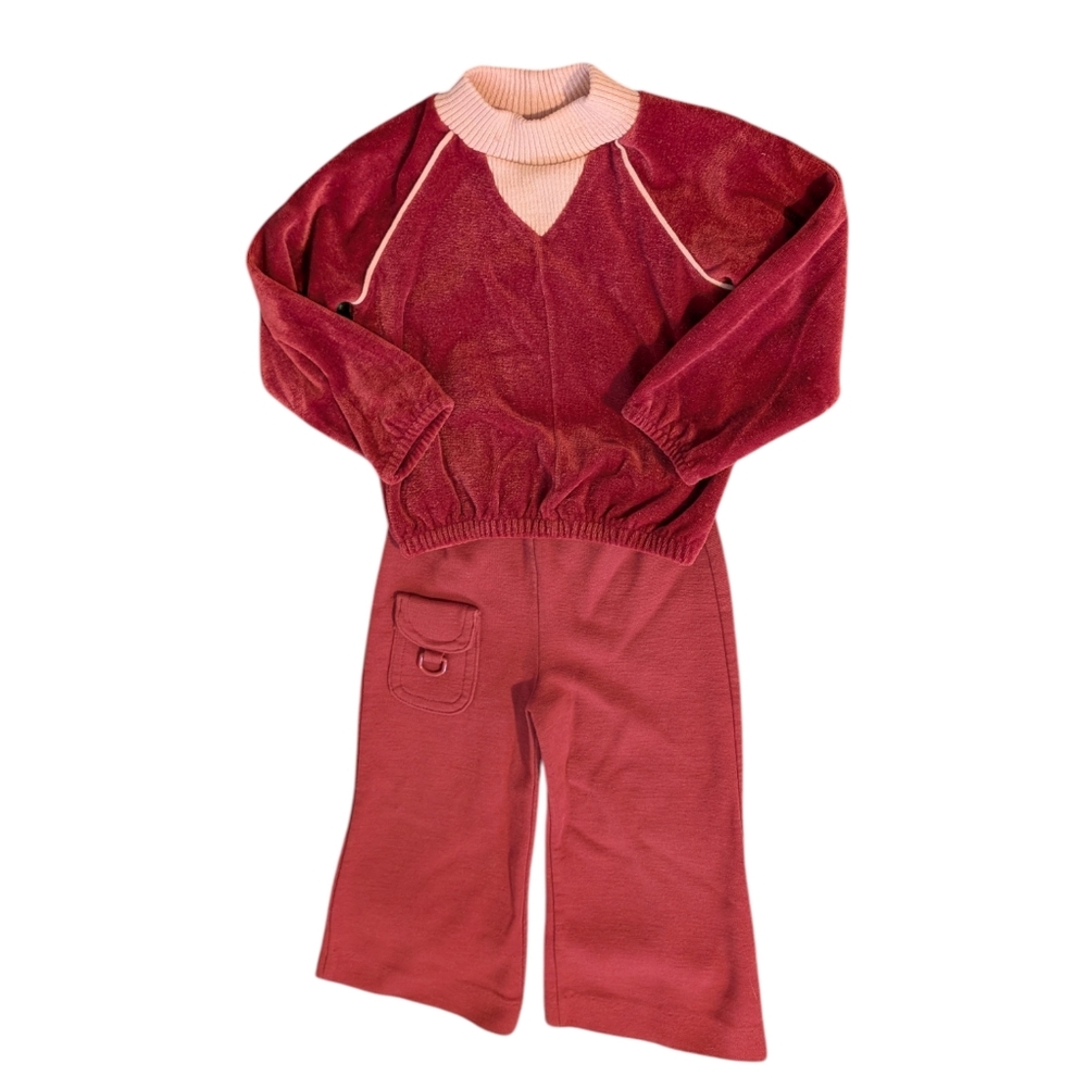70s 80s Vintage Aileen‎ Girl Red Velour 2 Piece Matching Suit Set 3 Toddler